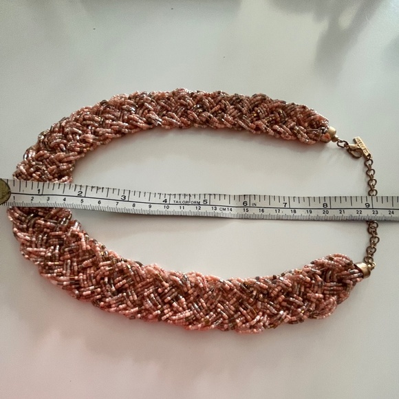 Women's Beaded Statement Necklace, tiny beads on chain, pink peach rose, beige - Picture 4 of 5